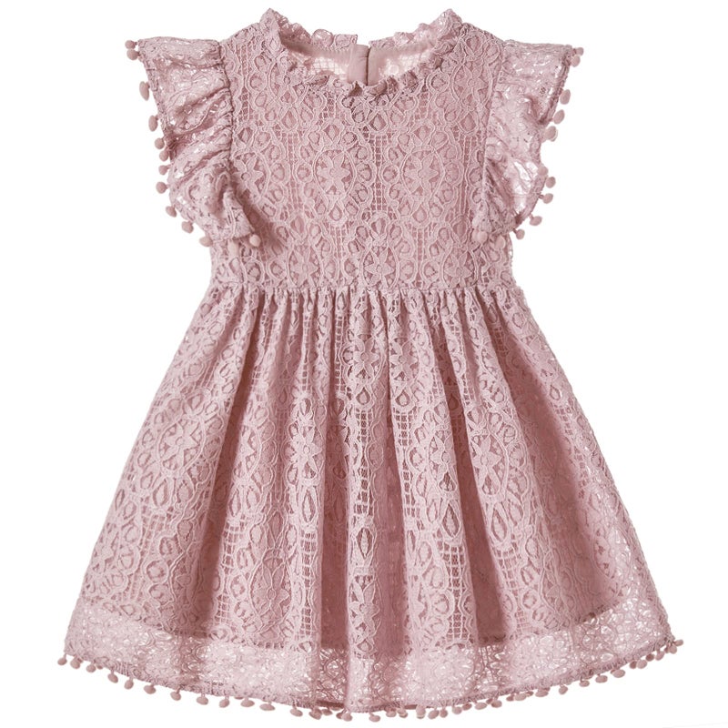 Niyage Toddler Girls Elegant Lace Pom Pom Flutter Sleeve Party Princess Dress Dusty Pink 130 - Image 1